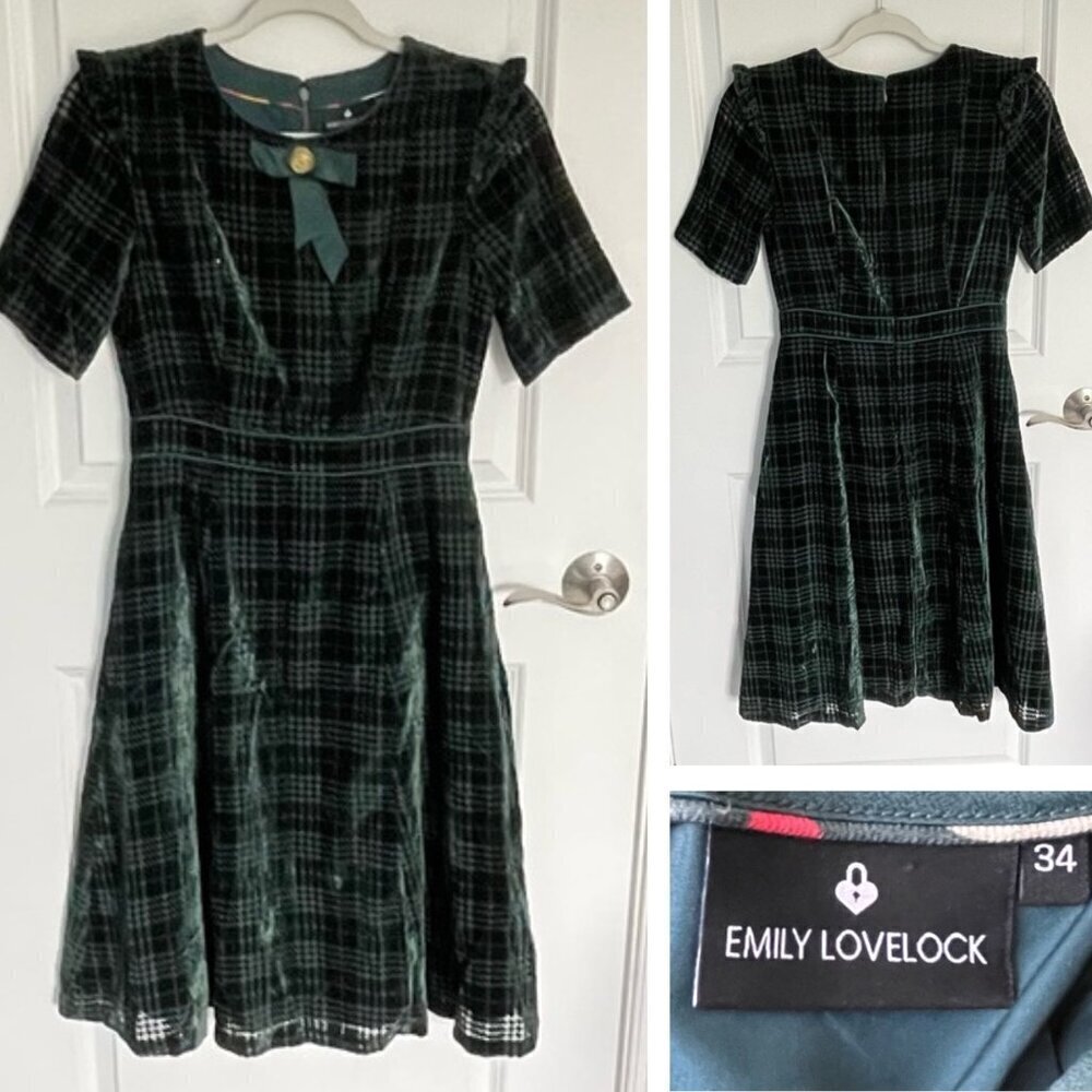 Emily Lovelock Green Plaid Velvet A-line Dress - 29596